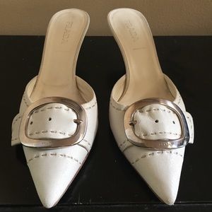 Prada mules 37.5 winter white, silver buckle